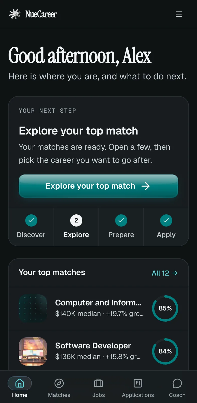NueCareer home: your next step and your career journey from Discover to Apply