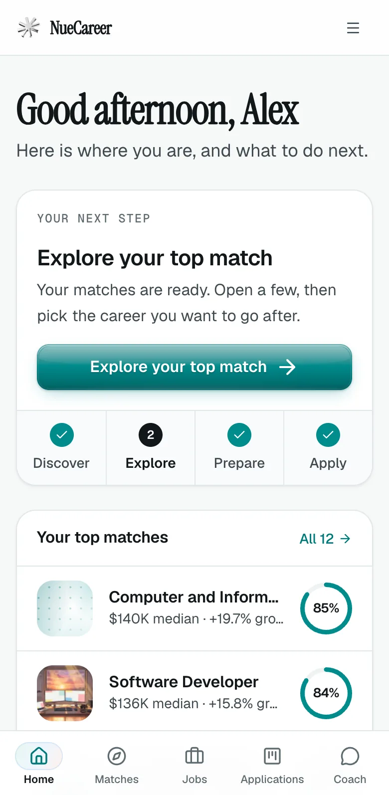NueCareer home: your next step and your career journey from Discover to Apply