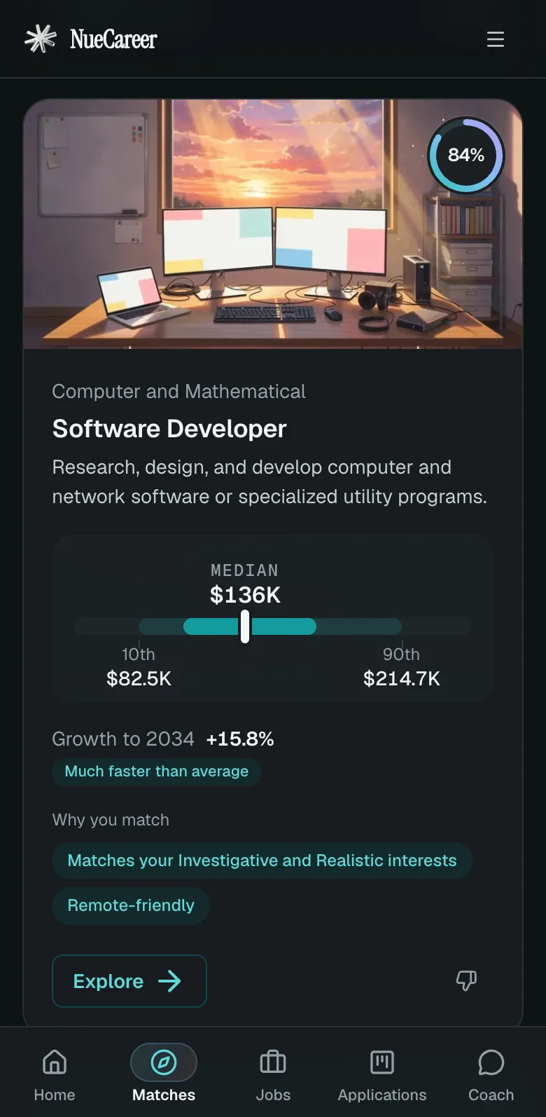 NueCareer career matches: Software Developer, an 84% match, with pay and growth