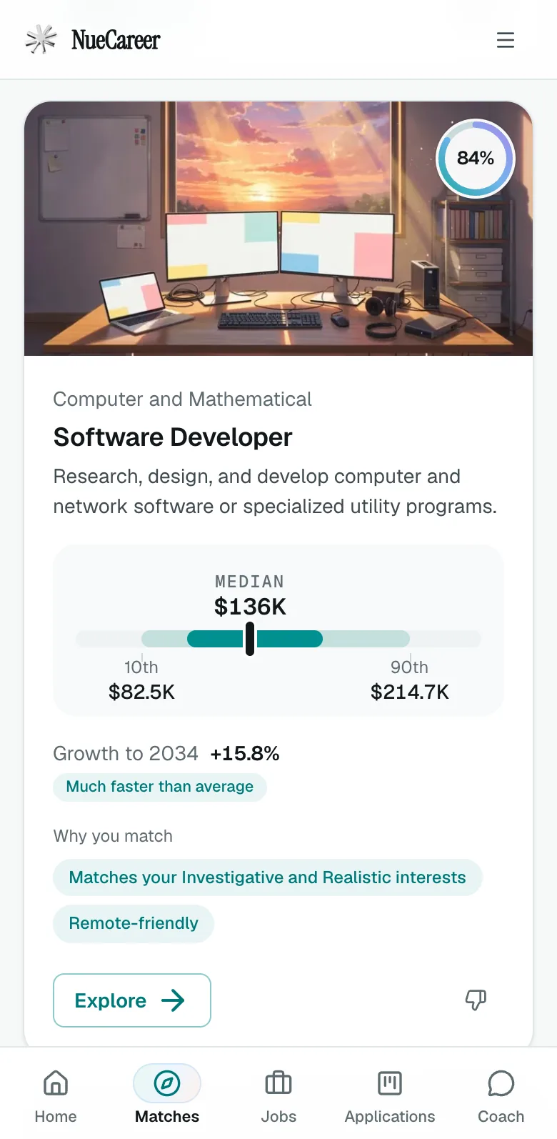 NueCareer career matches: Software Developer, an 84% match, with pay and growth
