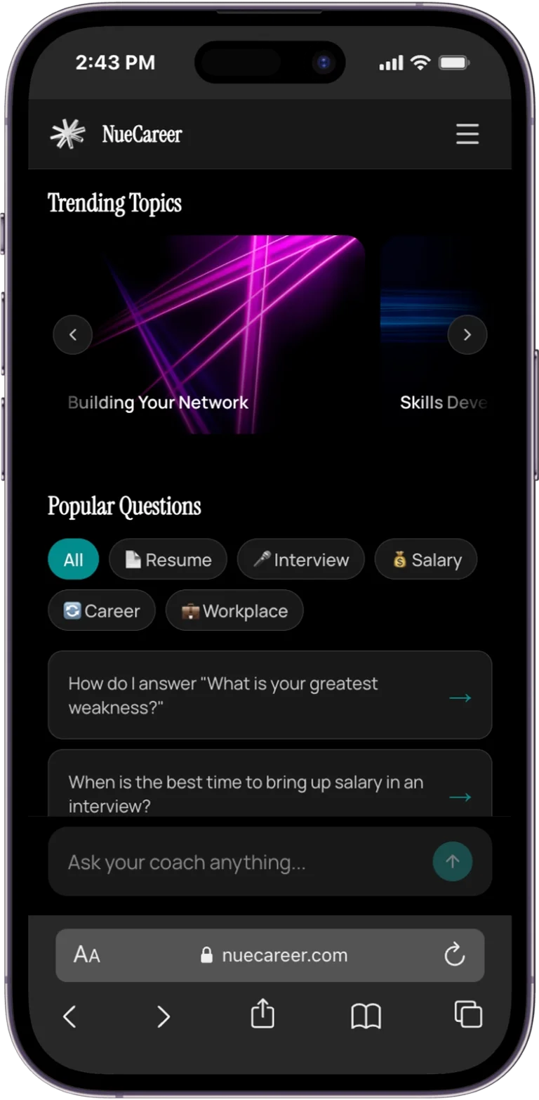NueCareer coach screen with trending topics and popular questions