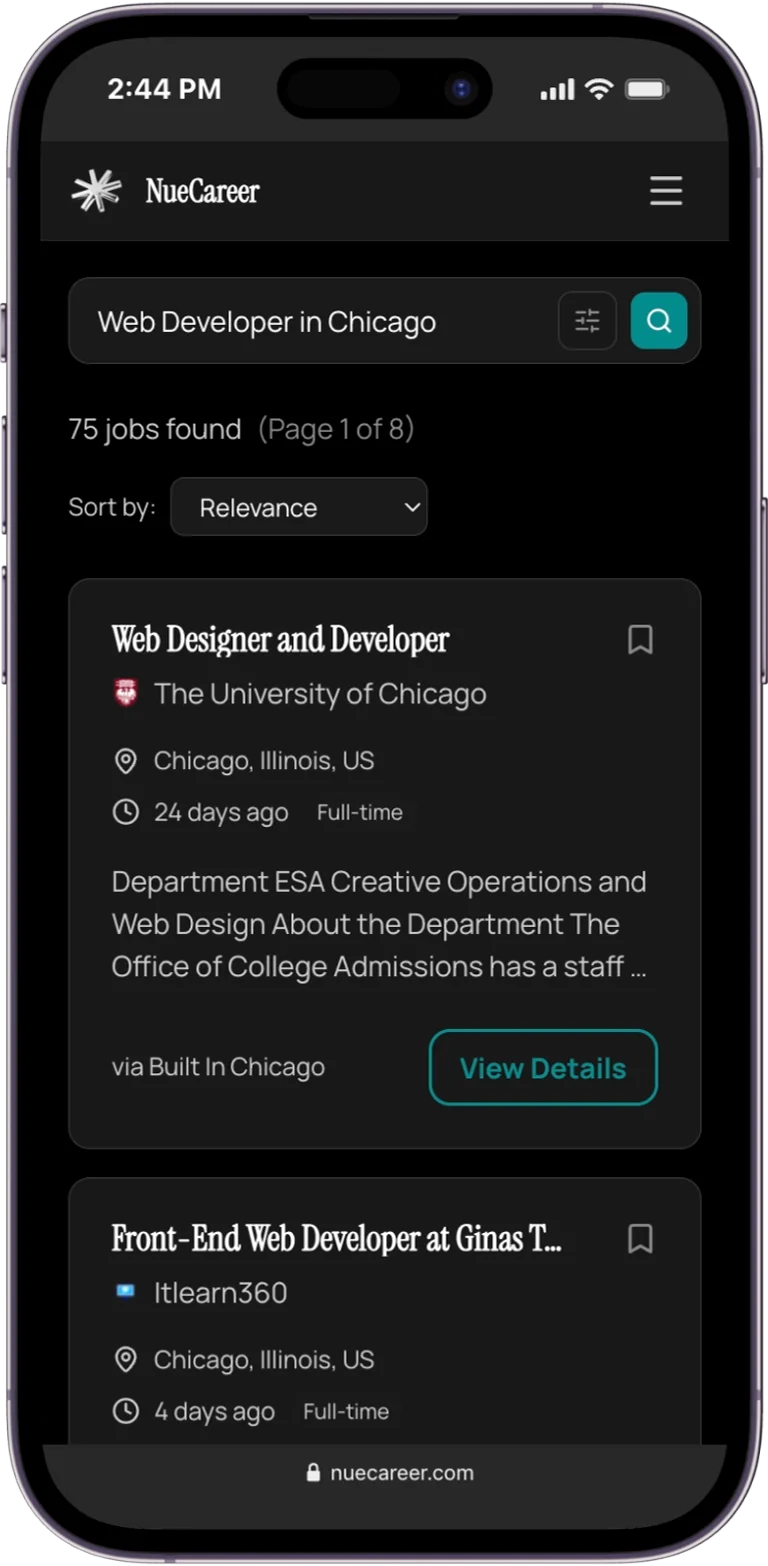 NueCareer job search results for web developer roles