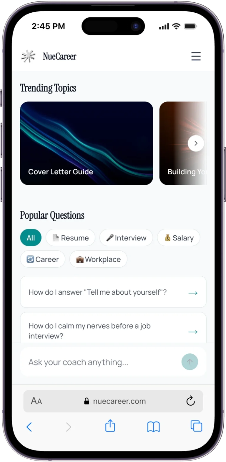 NueCareer coach screen with trending topics and popular questions