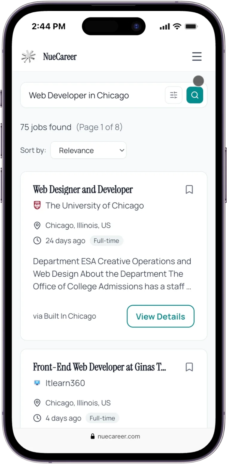 NueCareer job search results for web developer roles